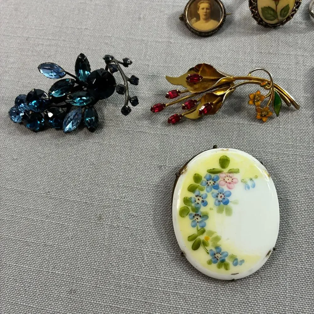 Vintage Costume Jewelry Lot Rhinestone Brooches Pins Rings Floral Portrait